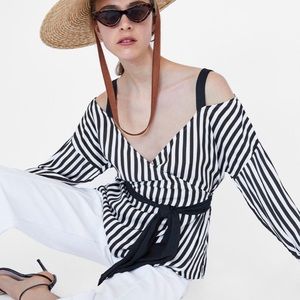 Zara Striped Top | Black/Ecru | Size M | NWT